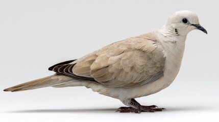 A Collared Dove with pale gray plumage and black neck ring, perched gracefully, centered on a clean white backdrop, detailed feather texture, neutral lighting, high-resolution image