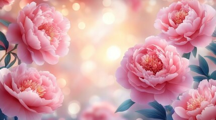 Fototapeta premium Close-up of blooming pink peony flowers with soft green leaves against a warm, glowing bokeh background evoking a peaceful and delicate atmosphere