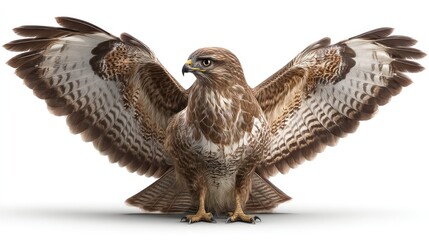 Fototapeta premium A common buzzard with wings folded, sitting centrally on a white background, detailed feathers and eyes, studio-lit, photorealistic image