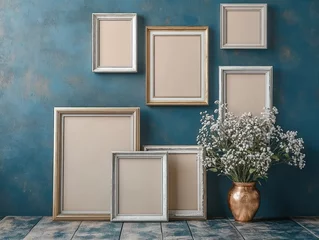 Collection of empty vintage photo frames with metallic finishes arranged on a textured blue wall above distressed wooden tabletop beside a rustic copper vase holding white baby's breath flowers