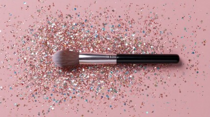 Makeup brush on a bed of glitter