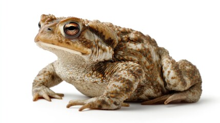 Naklejka premium A common toad with bumpy skin, sitting calmly in the center, white background, sharp focus, natural pose, studio-lit, photorealistic