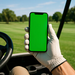 A golfer holds a green screen smartphone in a golf cart with a scenic course view, perfect for app or product mockups.