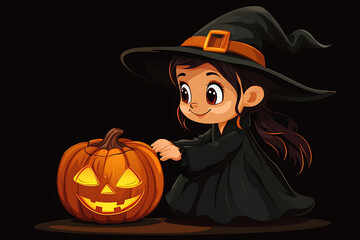 Fototapeta premium A cheerful young witch carving a smiling pumpkin in a dark, festive setting for Halloween