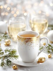 Elegant white cup with gold decoration filled with tea on a light wooden surface, morning light.