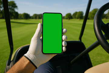 A golfer holds a green screen smartphone in a golf cart with a scenic course view, perfect for app or product mockups.