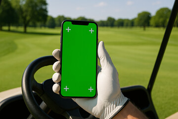 A golfer holds a green screen smartphone in a golf cart with a scenic course view, perfect for app or product mockups.
