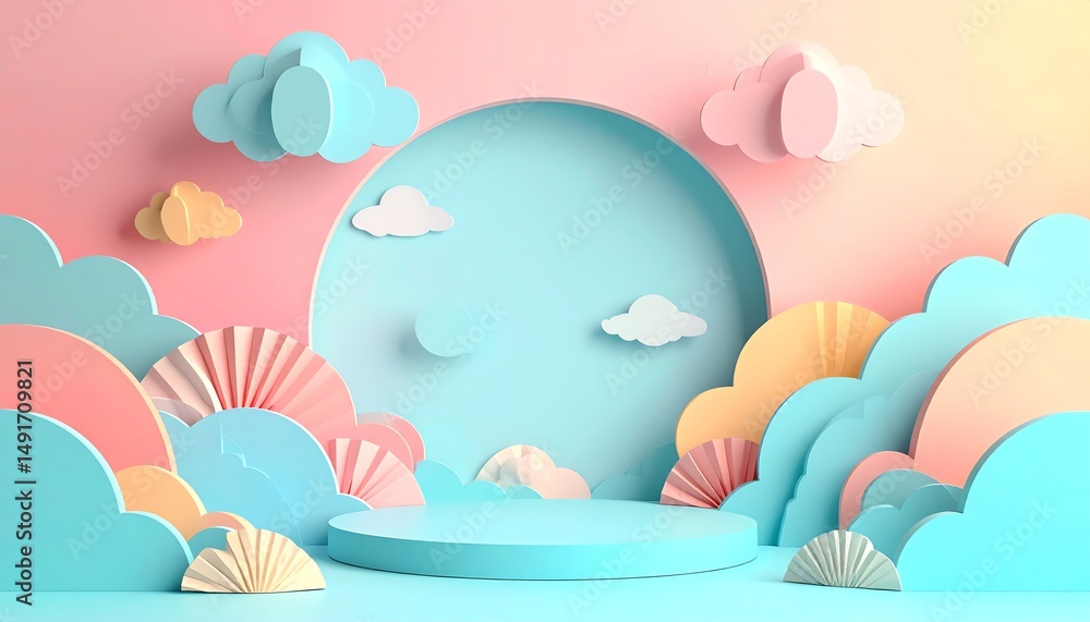 Poster a whimsical pastel scene featuring layered clouds and circular shapes, creating a dreamy backdrop pe