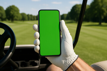 A golfer holds a green screen smartphone in a golf cart with a scenic course view, perfect for app or product mockups.