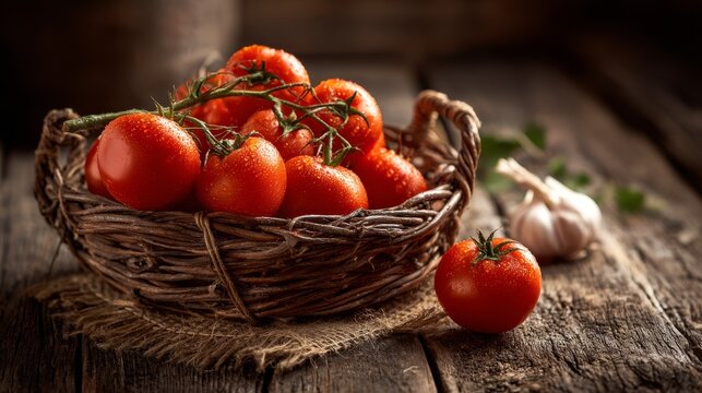 Ripe red tomatoes in wicker basket - Powered by Adobe