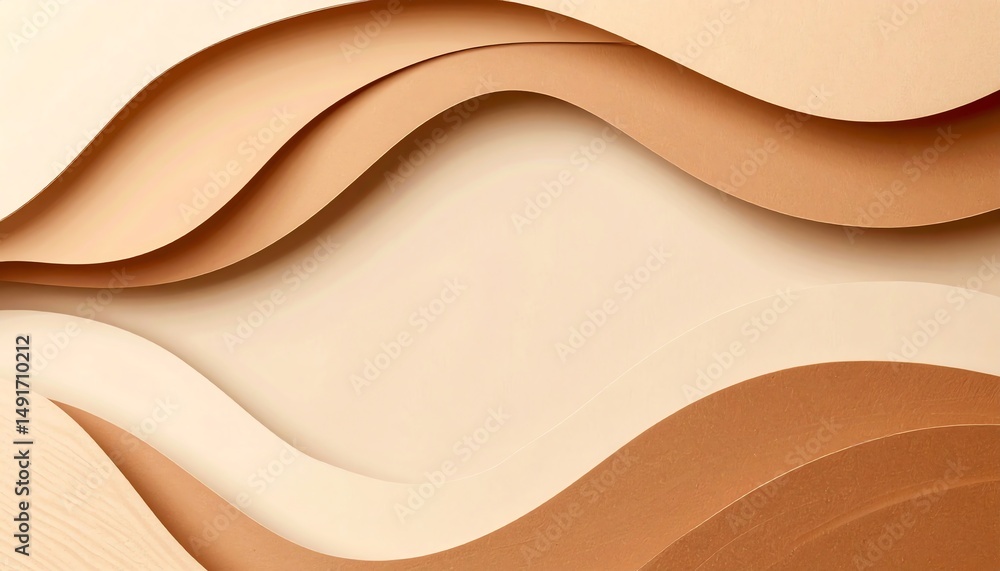 Poster abstract layers of textured paper in warm tones create a flowing, wavy pattern, evoking a sense of d