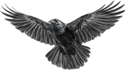 Naklejka premium A crow in flight with wings flapping, centered on a white background, detailed black feathers, studio-lit, photorealistic image