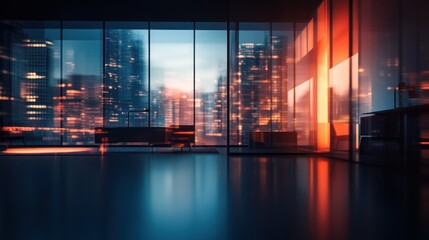 Modern office interior at night, overlooking a city skyline.