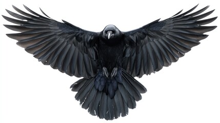 Fototapeta premium A crow in flight with wings flapping, centered on a white background, detailed black feathers, studio-lit, photorealistic image