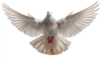 Obraz premium A dove soaring with wings gracefully spread, centered in the frame, white background, high-resolution, detailed plumage, studio lighting
