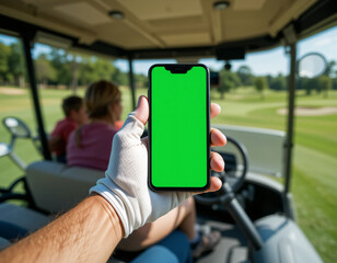 A golfer holds a green screen smartphone in a golf cart with a scenic course view, perfect for app or product mockups.