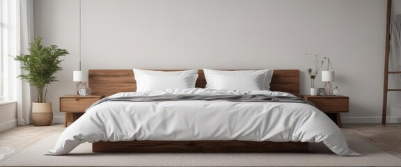 King bed, crisp white linens, minimalist Scandinavian bedroom,  white linens,  hygge,  serene