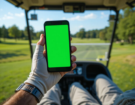 A golfer holds a green screen smartphone in a golf cart with a scenic course view, perfect for app or product mockups. - Powered by Adobe