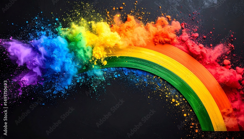 Poster a vibrant rainbow made of colorful powders, creating a dynamic and artistic display against a dark b