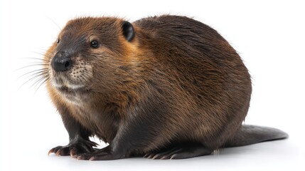 A Eurasian beaver with flat tail visible, sitting gracefully, centered on a clean white backdrop, detailed fur texture, neutral lighting, high-resolution image