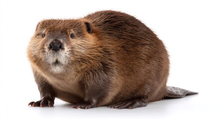 A Eurasian beaver with flat tail visible, sitting gracefully, centered on a clean white backdrop, detailed fur texture, neutral lighting, high-resolution image