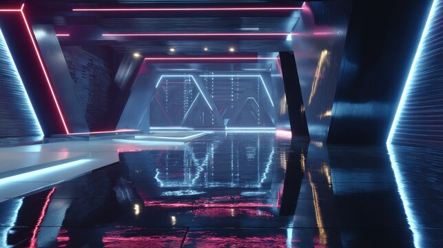Futuristic tunnel with vibrant neon lights and reflective floor