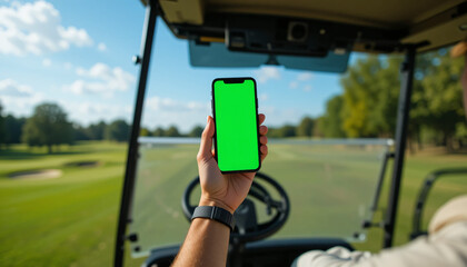 A golfer holds a green screen smartphone in a golf cart with a scenic course view, perfect for app or product mockups.