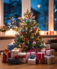 Decorated Christmas tree with wrapped presents by a window, natural daylight illuminating festive scene.