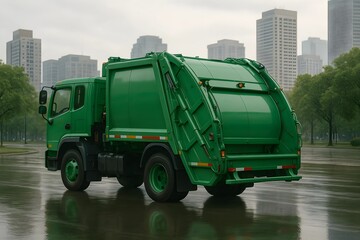 A green garbage truck parked near a city park, with tree-lined streets and modern buildings.