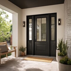 Contemporary black front entry door with sidelites, creating a sleek and stylish welcome.