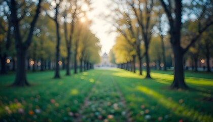 Fototapeta premium Blurred Park Background with Soft Bokeh Light Effects and Natural Outdoor Atmosphere