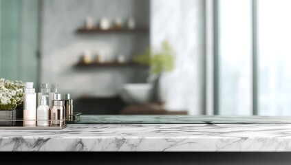 Subtle bathroom scene with a marble countertop, designed for product photography and display.
