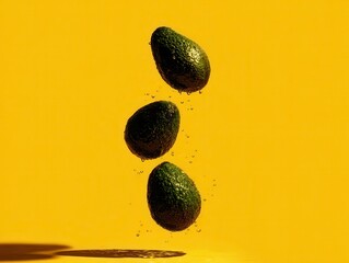 Fresh ripe avocado falling in the air isolated on yellow background