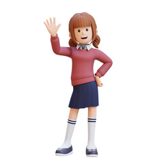 3D girl character is waving saying hello