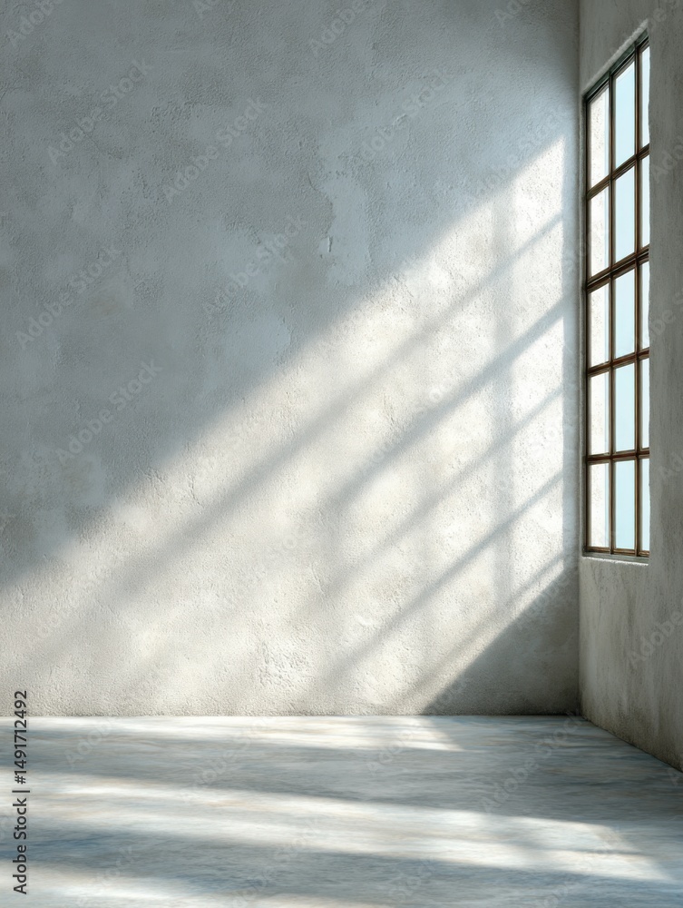 Poster interior scene of empty room with sunlight streaming through window casting shadows on textured wall