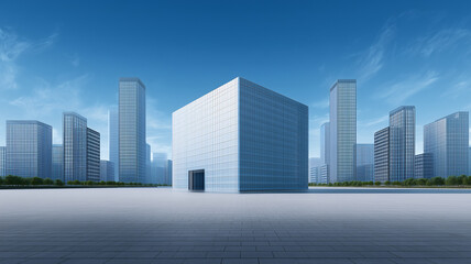 Obraz premium 3d render of modern office buildings and open space on the ground under blue sky