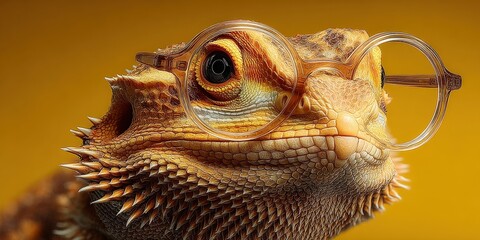 Obraz premium Smart Reptile's Intellectual Gaze: A close-up portrait of a dragon, sporting spectacles, gazes with an air of intellect and wisdom. the vibrant yellow background adds a sense of intrigue. Ai image