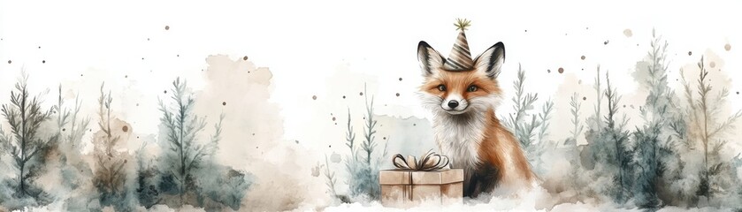 Obraz premium Watercolor fox with a party hat and gift box in a wintry forest scene.