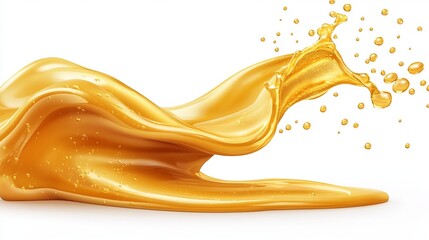A dynamic splash of golden liquid, flowing and glistening, creates a visually appealing wave against a stark white backdrop