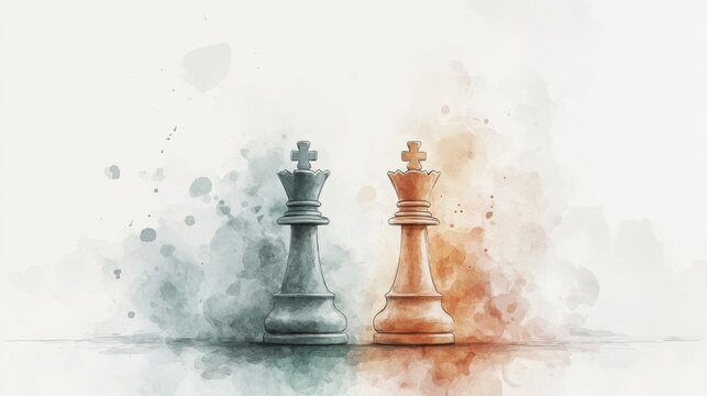 Two watercolor chess kings stand side by side, representing strategy, competition, and balance.