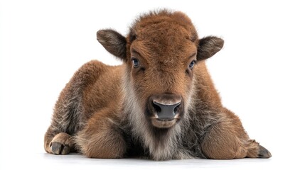 Fototapeta premium A European bison calf with shaggy fur, sitting with legs folded, centered on a white background, sharp focus, studio-lit, realistic detail