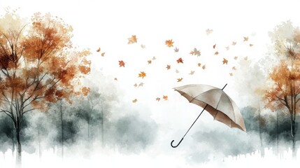Watercolor autumn scene with falling leaves, misty trees, and an umbrella floating in the wind.