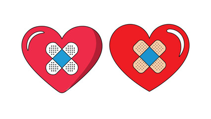 Broken Hearts with Bandages – Two Red Hearts with Patch Bandages Representing Emotional Healing or Heartbreak in Flat Cartoon Style