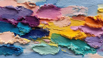 Abstract vibrant textured painting with thick impasto brushstrokes in a range of pastel colors
