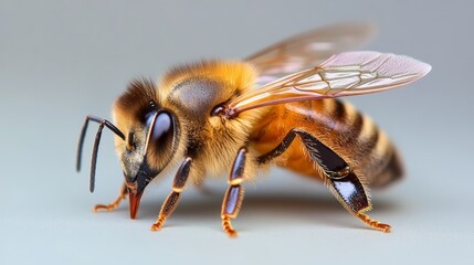 Close-up Image of a Honey Bee with Detailed Anatomy and Vibrant Colors in Natural Habitat