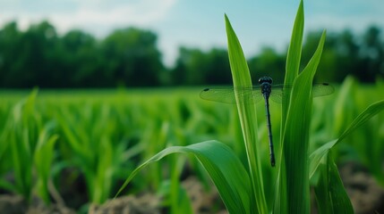 Fototapeta premium Dragonfly Perched on Green Grass in a Lush Agricultural Field Under Clear Blue Sky