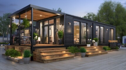 Fototapeta premium Modern Prefab Home Stylish Exterior at Dusk with Sustainable Living.