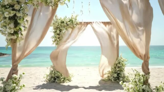 Beach wedding ceremony setup with floral arch and flowing fabric