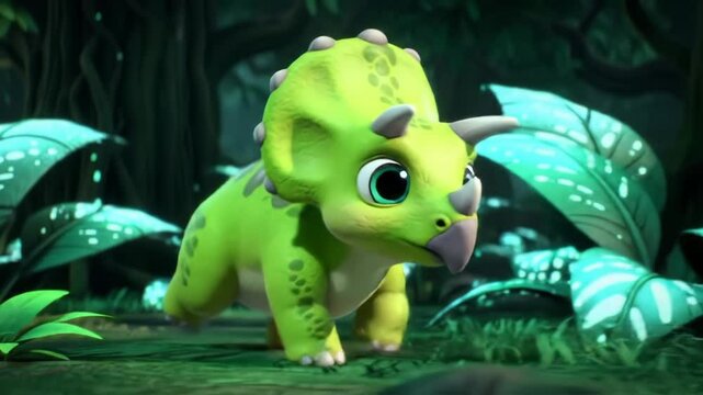 Adorable baby triceratops in lush forest, 3D render
