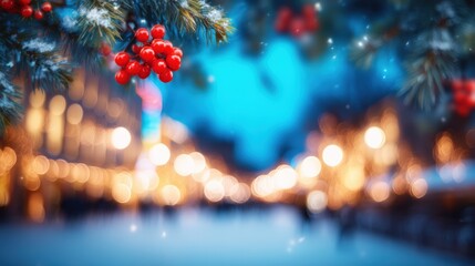 Fototapeta premium Blurry close-up of a Christmas tree decorated with red berries, green needles, and soft warm lighting.